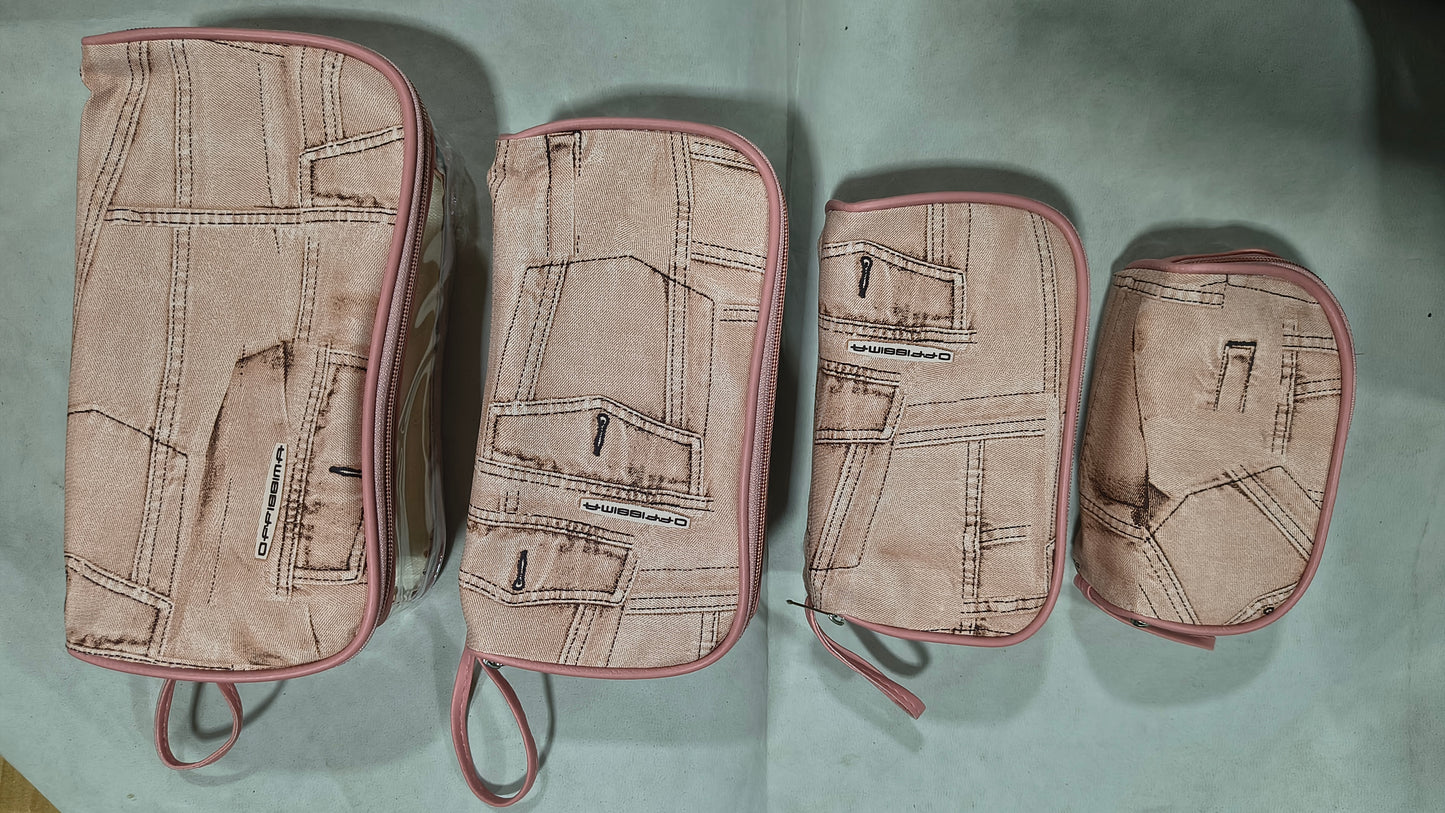 Baby Pink Denim Print Travel Pouch & Clear Organizer Set 4PIC SET