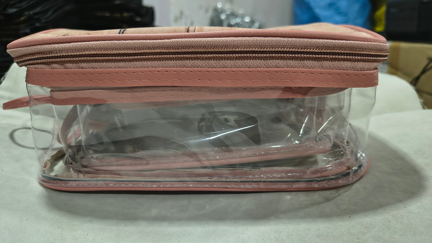 Baby Pink Denim Print Travel Pouch & Clear Organizer Set 4PIC SET