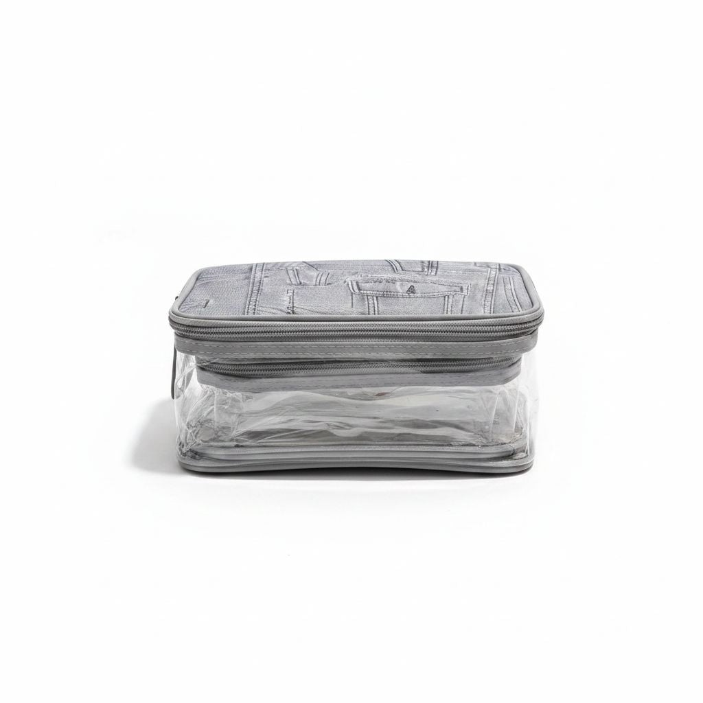 Clear cosmetic organizer box with denim print lid