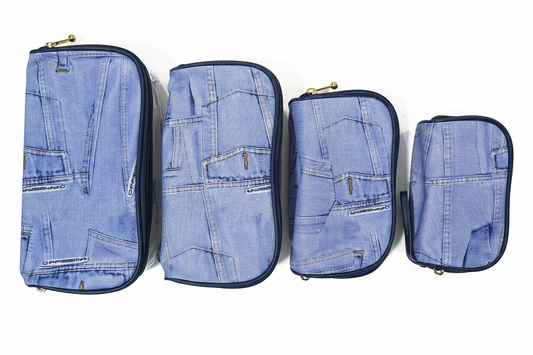 Blue Denim Print Makeup Pouch Set of 4 on white background