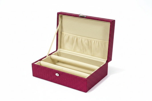 Maroon bangle box open showing 2 bangle rolls and lid pocket - white background